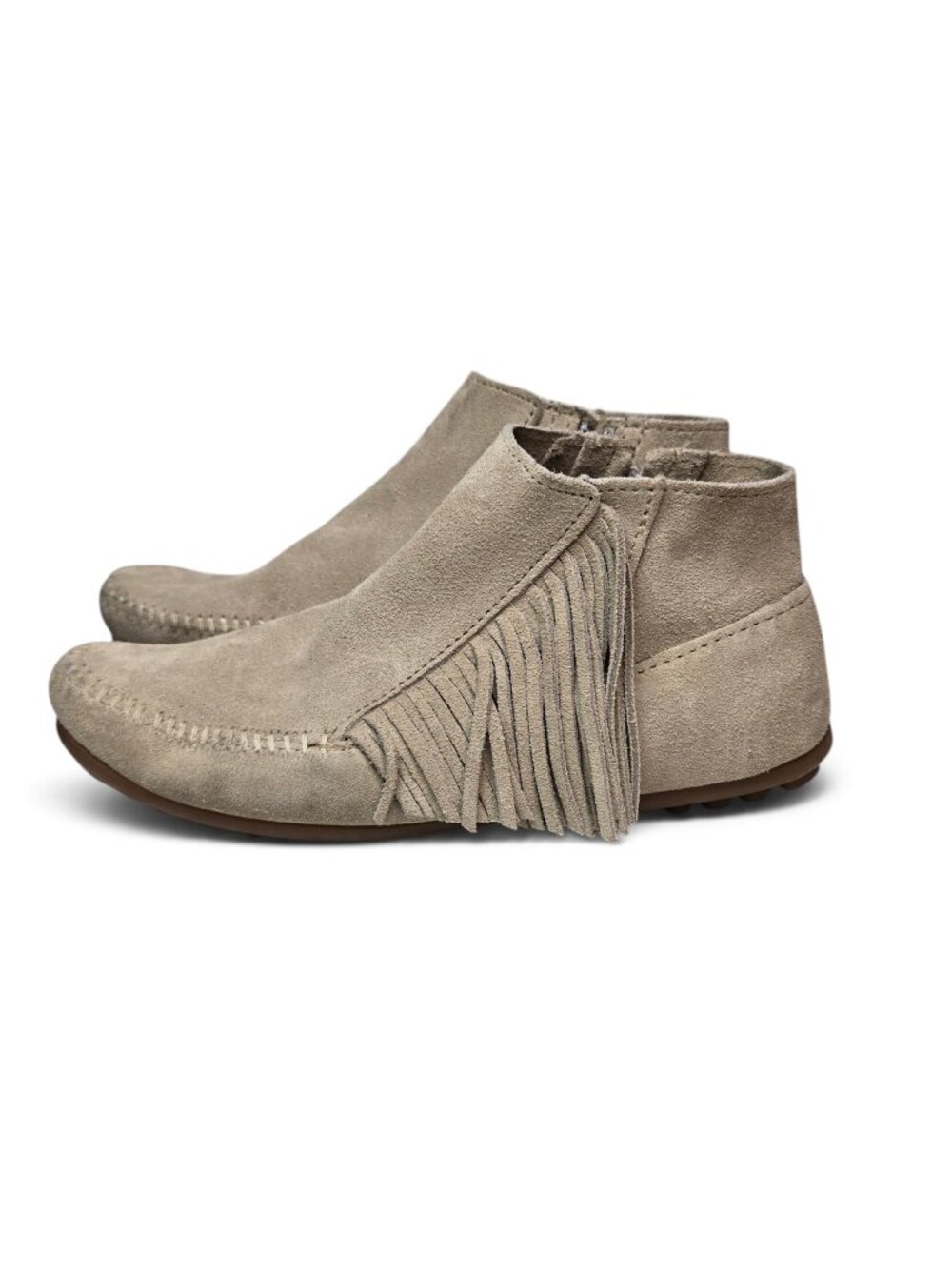 Minnetonka Lacy Stone Suede Moccasin Boots Womens Long Fringe Zip Side Boho 7.5
